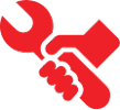 A symbol of a hand holding a wrench in red.